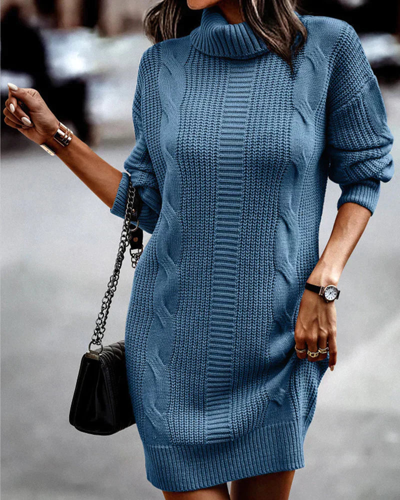 Cozy knitted dress with rolling collar - Stylish & warm for autumn and winter